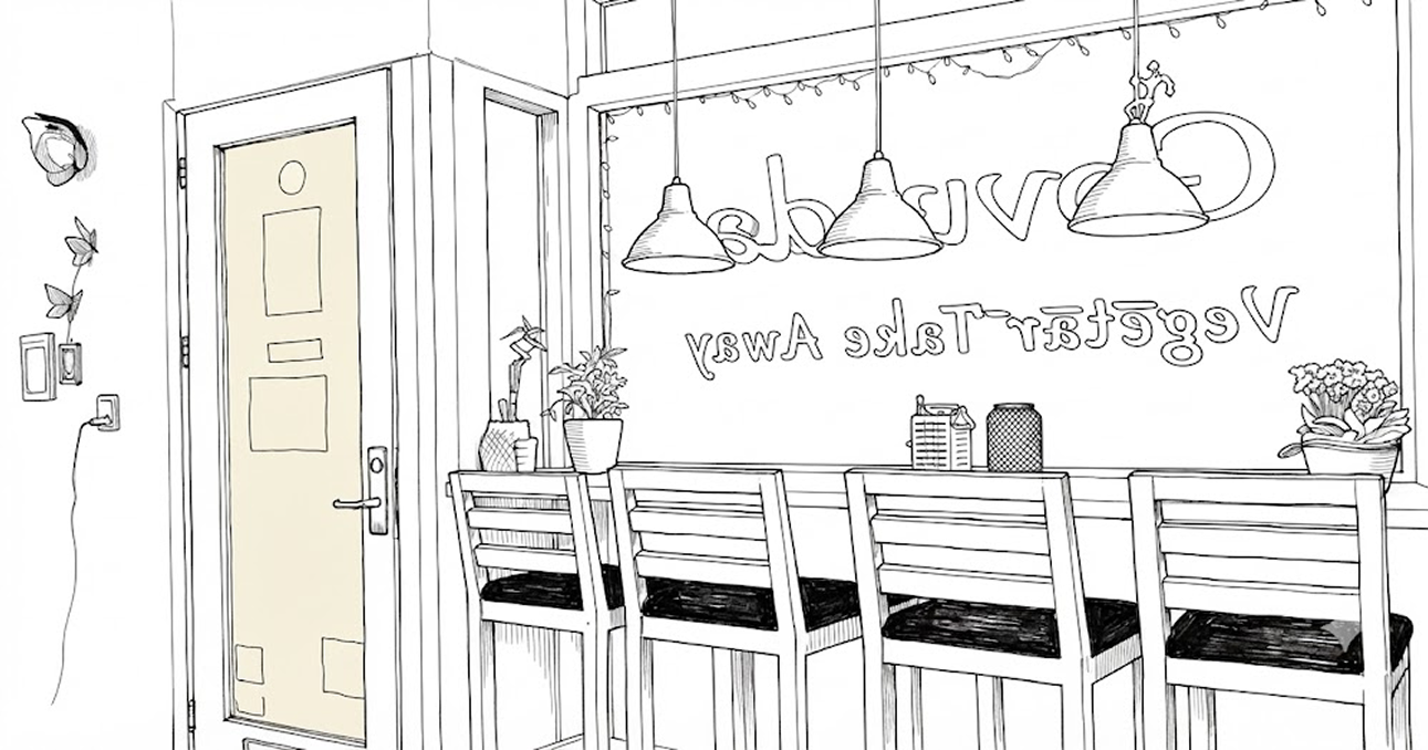 Line drawing of the Govinda counter, hanging pendant lights and the shopfront sign
